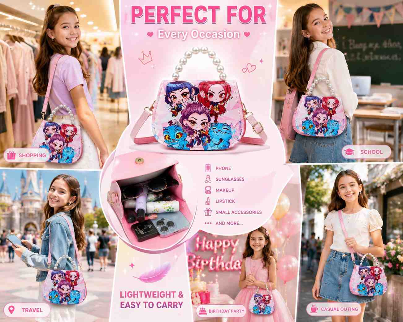K POP Demon Hunter Mini Purse for Girls Lightweight Adjustable Strap Waterproof Shoulder Bag (Multicolor, 7.1 inch)
