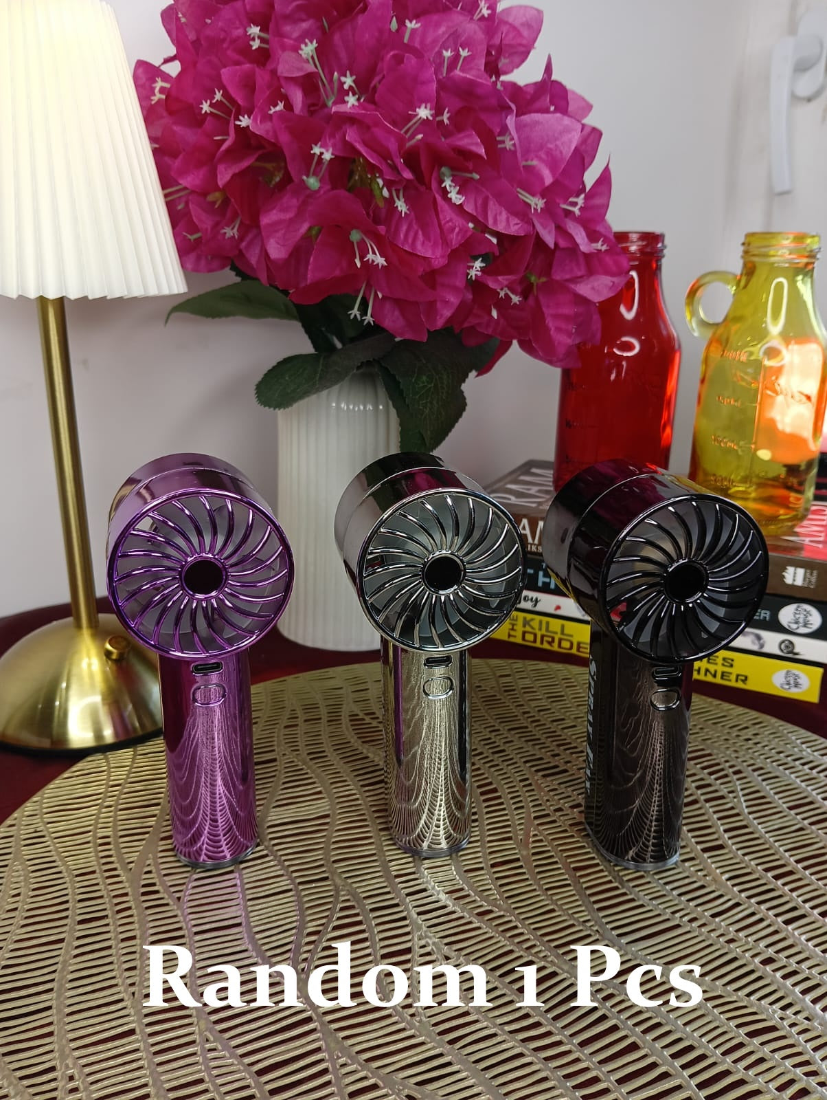 Portable Rechargeable Spray Fan with Mist – USB Mini Handheld Cooling Fan, Metallic Purple (RANDOM 1 PCS)