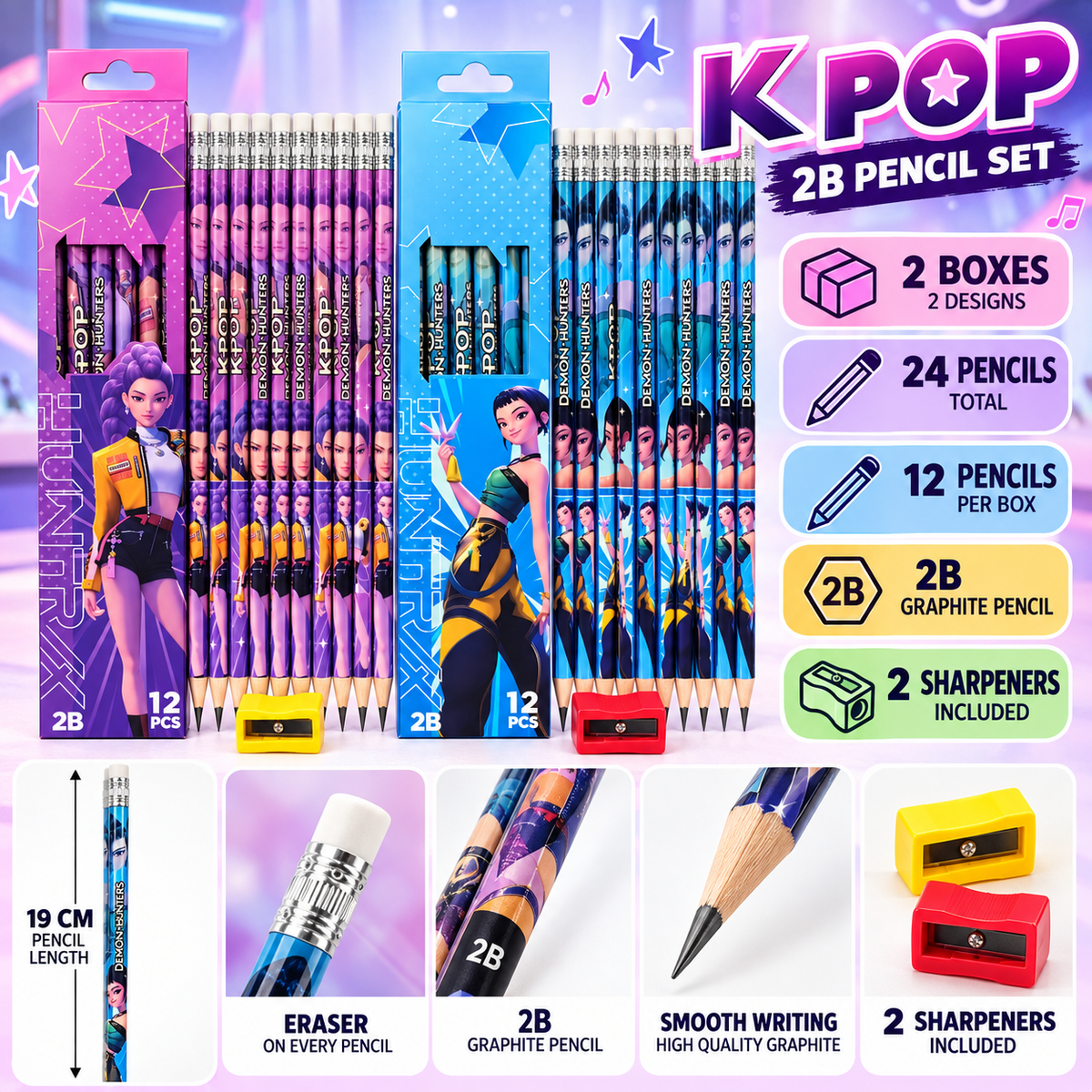 K POP 2B Pencil Set – 24 Pencils with 2 Boxes, 2 Sharpeners & Erasers