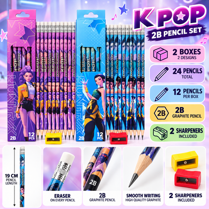 K POP 2B Pencil Set – 24 Pencils with 2 Boxes, 2 Sharpeners & Erasers