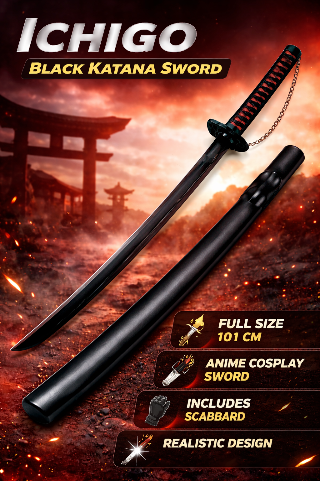 Katana Sword 101CM – Black Samurai Sword with Scabbard | Ichigo Cosplay Sword for Anime Fans, Halloween Costume & Collectors(ICHIGO)