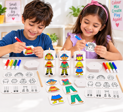 Kids Colouring Kit DIY Craft Toy Set of 2, Mix & Match Character Making Activity Set with 4 Colour Markers & Wooden Sticks, Creative Colouring & Assembly Toy for Kids