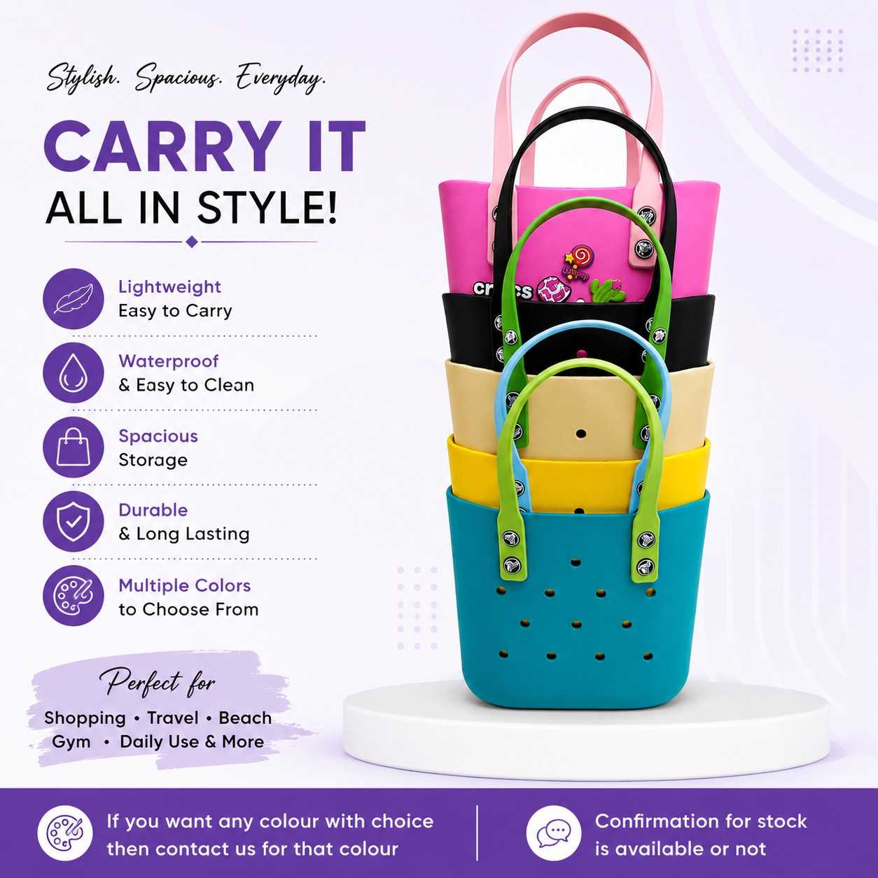 Silicone Croc Bag with Decorative Charms for Girls & Women | Waterproof Lightweight Everyday Tote Handbag 20x25x12 | Medium