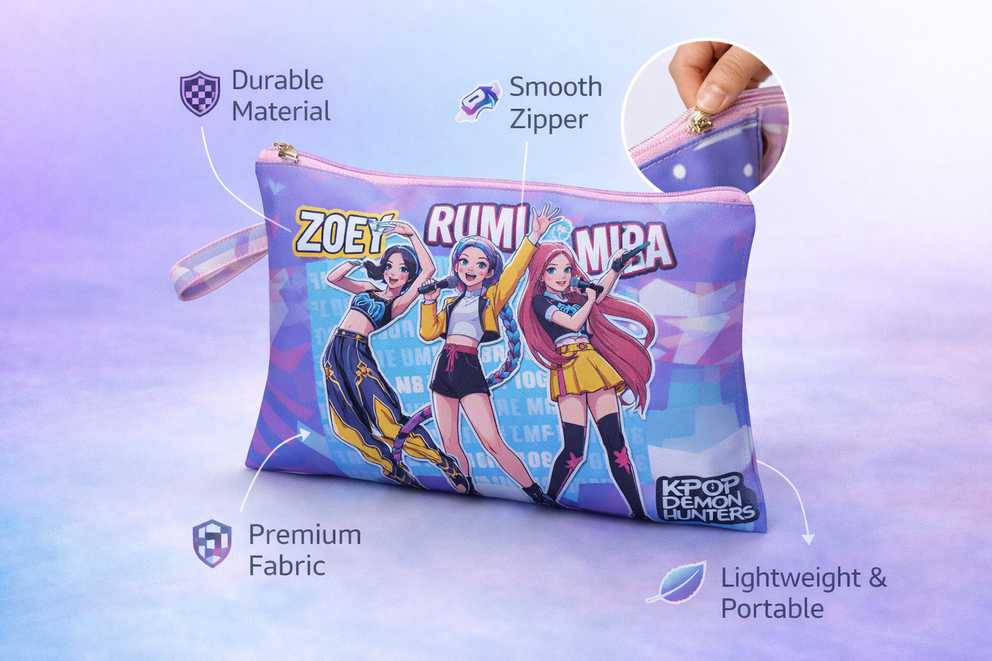 K POP  Demon Hunters Printed Folder | Stylish Multipurpose Makeup & Stationery Organizer for Girls & Kids | Zipper Travel Cosmetic Bag | 1 Random PCS (A4 Size 30 * 22 cm)