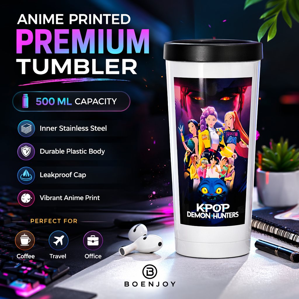 Demon Hunter Printed Tumbler with Leakproof Lid | Inner Stainless Steel Travel Mug | Durable Plastic Body | Demon Hunter Design Cup for Coffee, Tea & Cold Drinks 500ml