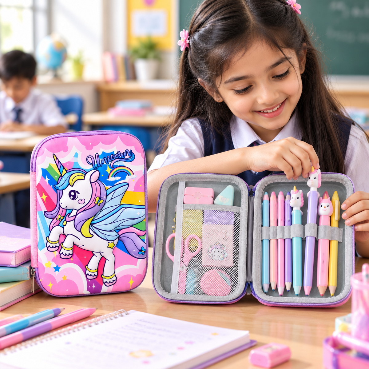 Unicorn Pencil Pouch for Girls – Pink Unicorn Pencil Case with Mesh Pocket & Pen Holders