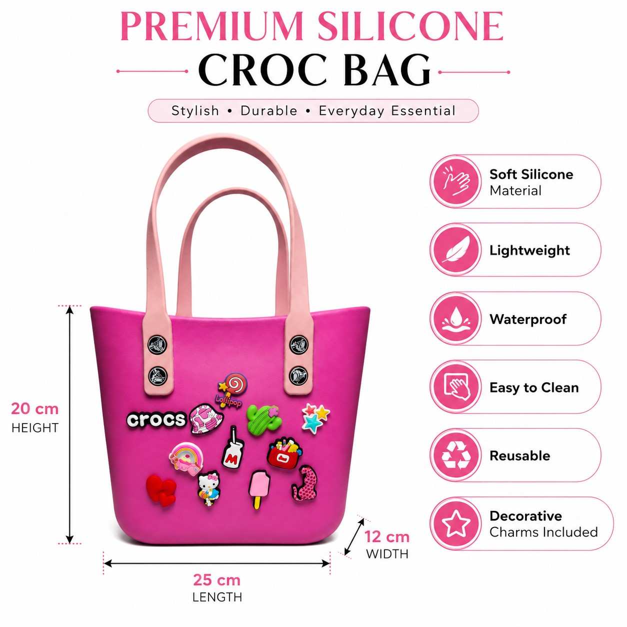 Silicone Croc Bag with Decorative Charms for Girls & Women | Waterproof Lightweight Everyday Tote Handbag 20x25x12 | Medium