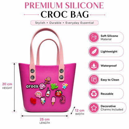 Silicone Croc Bag with Decorative Charms for Girls & Women | Waterproof Lightweight Everyday Tote Handbag 20x25x12 | Medium