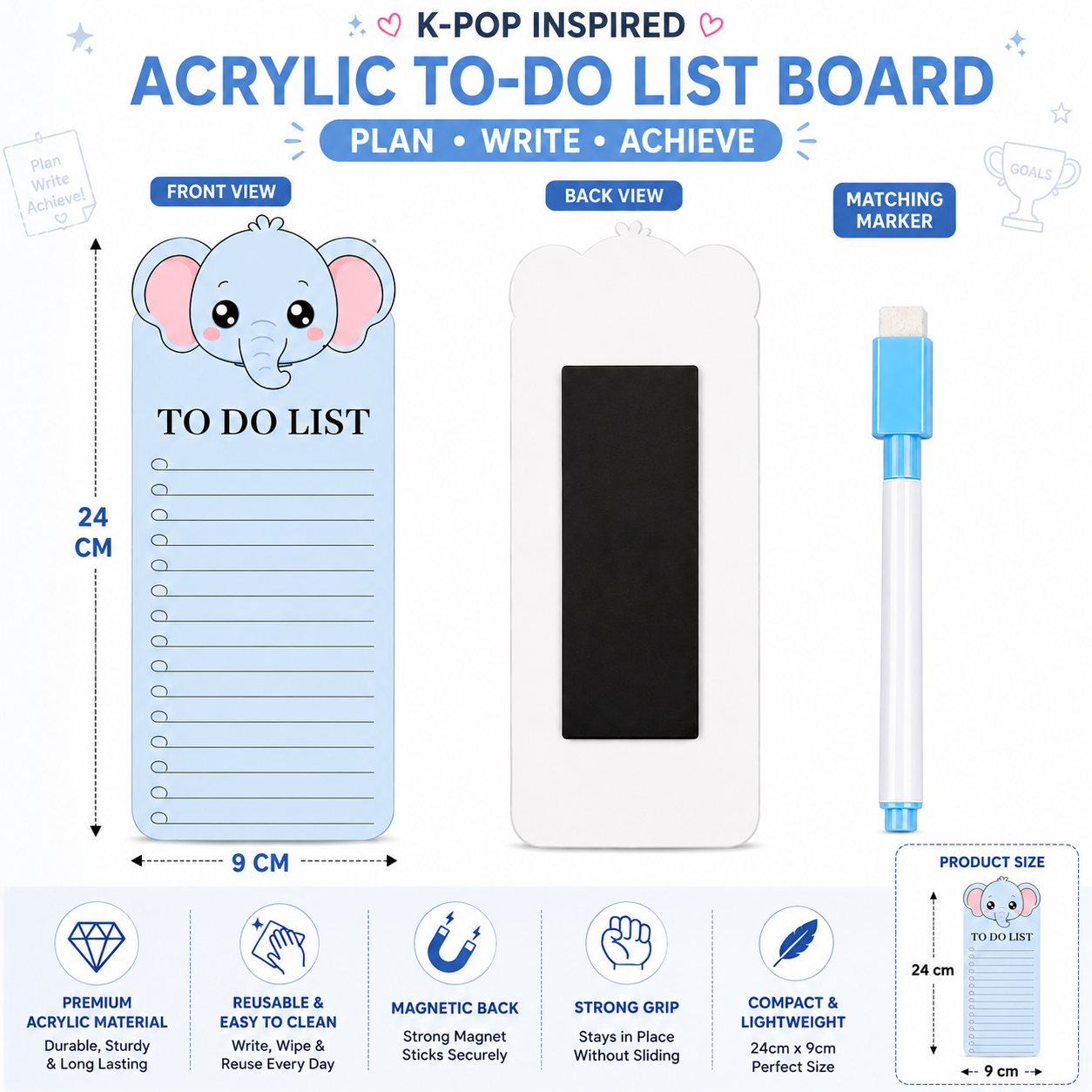 Elephant Acrylic To Do List Board with Marker | Reusable Magnetic To-Do Planner for Home, Office & Study | Cute Elephant Daily Task List Board
