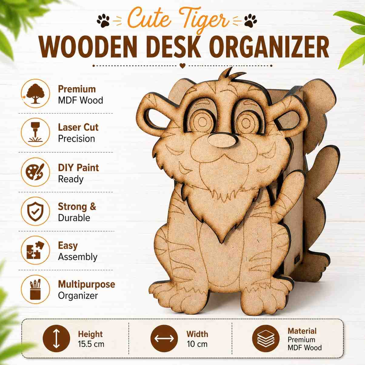 Tiger Wooden Pencil & Pen Holder | Premium MDF Desk Organizer | DIY Paintable Stationery Holder | 15.5 x 10 cm