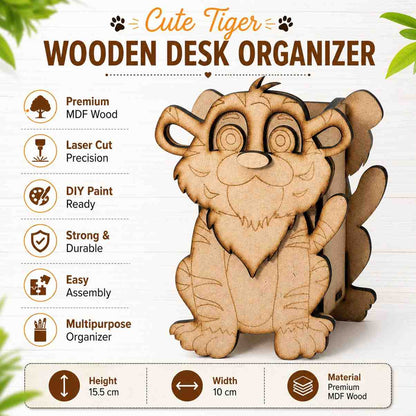 Tiger Wooden Pencil & Pen Holder | Premium MDF Desk Organizer | DIY Paintable Stationery Holder | 15.5 x 10 cm