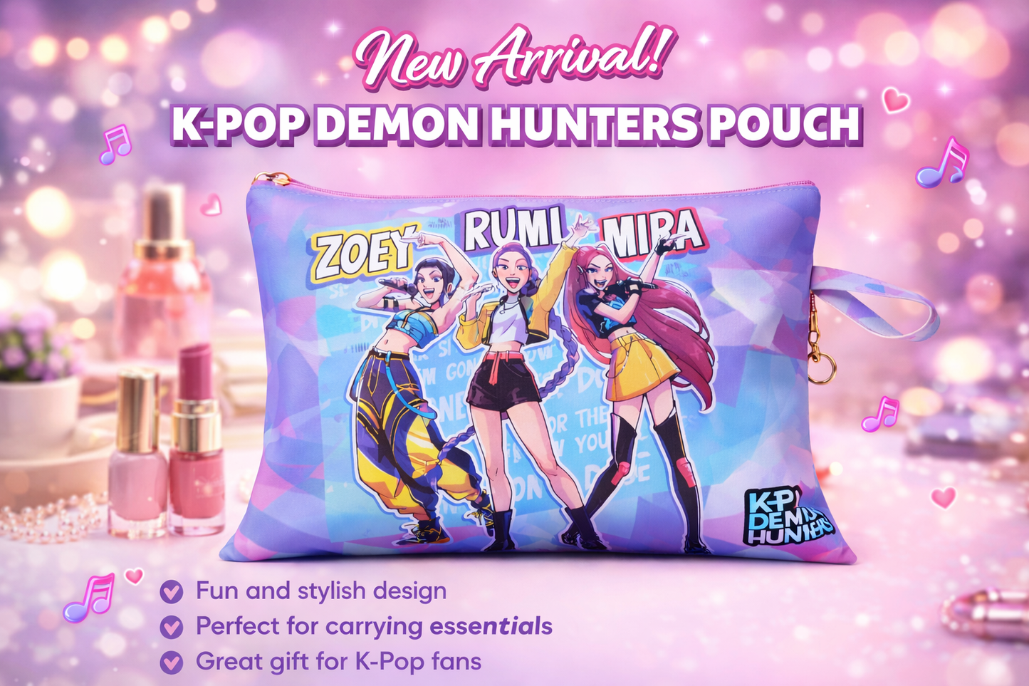 K POP  Demon Hunters Printed Folder | Stylish Multipurpose Makeup & Stationery Organizer for Girls & Kids | Zipper Travel Cosmetic Bag | 1 Random PCS (A4 Size 30 * 22 cm)