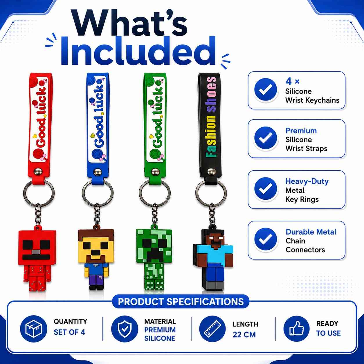 Minecraft Inspired Silicone Wrist Keychain Set of 4 | Steve, Creeper, Herobrine & Redstone Character Keychain | Premium Silicone Wrist Strap Key Holder for Keys, Bags & Backpacks