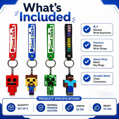 Minecraft Inspired Silicone Wrist Keychain Set of 4 | Steve, Creeper, Herobrine & Redstone Character Keychain | Premium Silicone Wrist Strap Key Holder for Keys, Bags & Backpacks