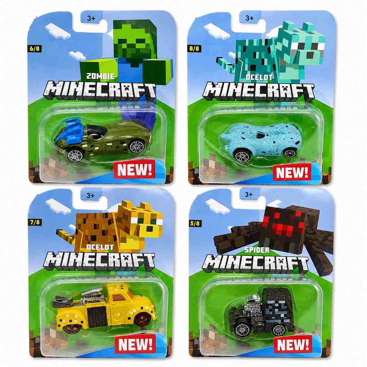 Minecraft Zombie Spider Ocelot Mini Cars Set of 4 Collectible Toy Vehicles for Kids | Zombie Car, Spider Car, Ocelot Blue & Ocelot Yellow