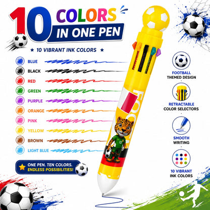 Football Theme 10-in-1 Multicolor Pen Set | 10 Color Retractable Ball Pen | Smooth Writing School Stationery | Pack of 3