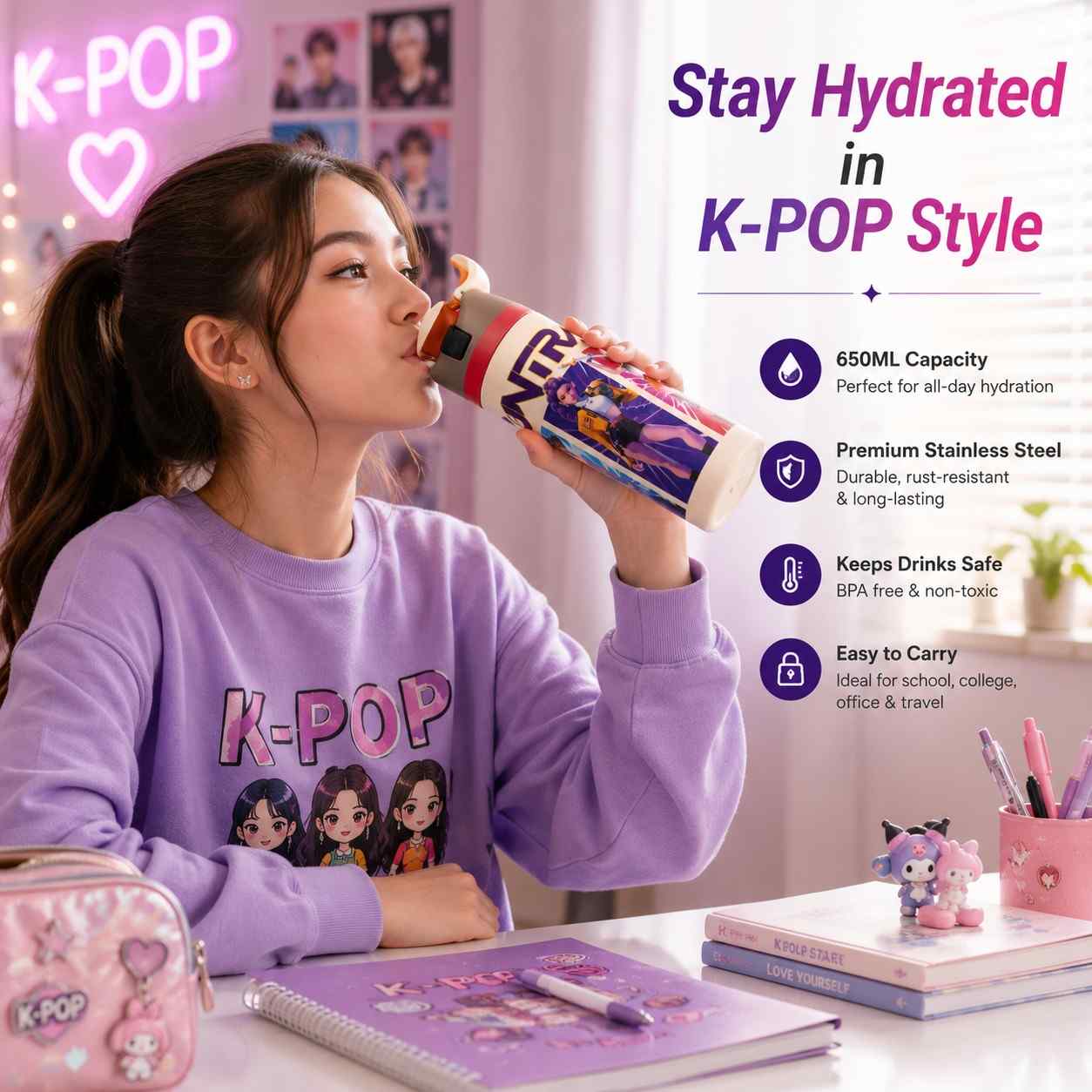 K Pop Demon Hunters Stainless Steel Water Bottle 650ML | Double Wall Vacuum Insulated | Leakproof Flip Lid | BPA Free | Random Design | 1 Pc