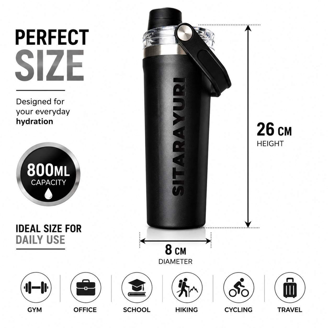 SITARAYURI 800ML Stainless Steel Insulated Water Bottle | Double Wall Vacuum Flask | Leakproof BPA Free Sports Bottle with Carry Handle | Black (COD NOT AVAILABLE)