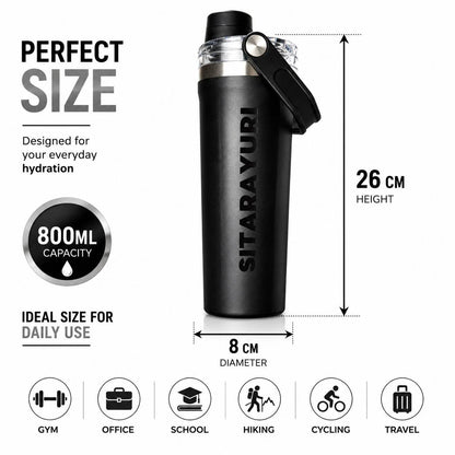 SITARAYURI 800ML Stainless Steel Insulated Water Bottle | Double Wall Vacuum Flask | Leakproof BPA Free Sports Bottle with Carry Handle | Black (COD NOT AVAILABLE)