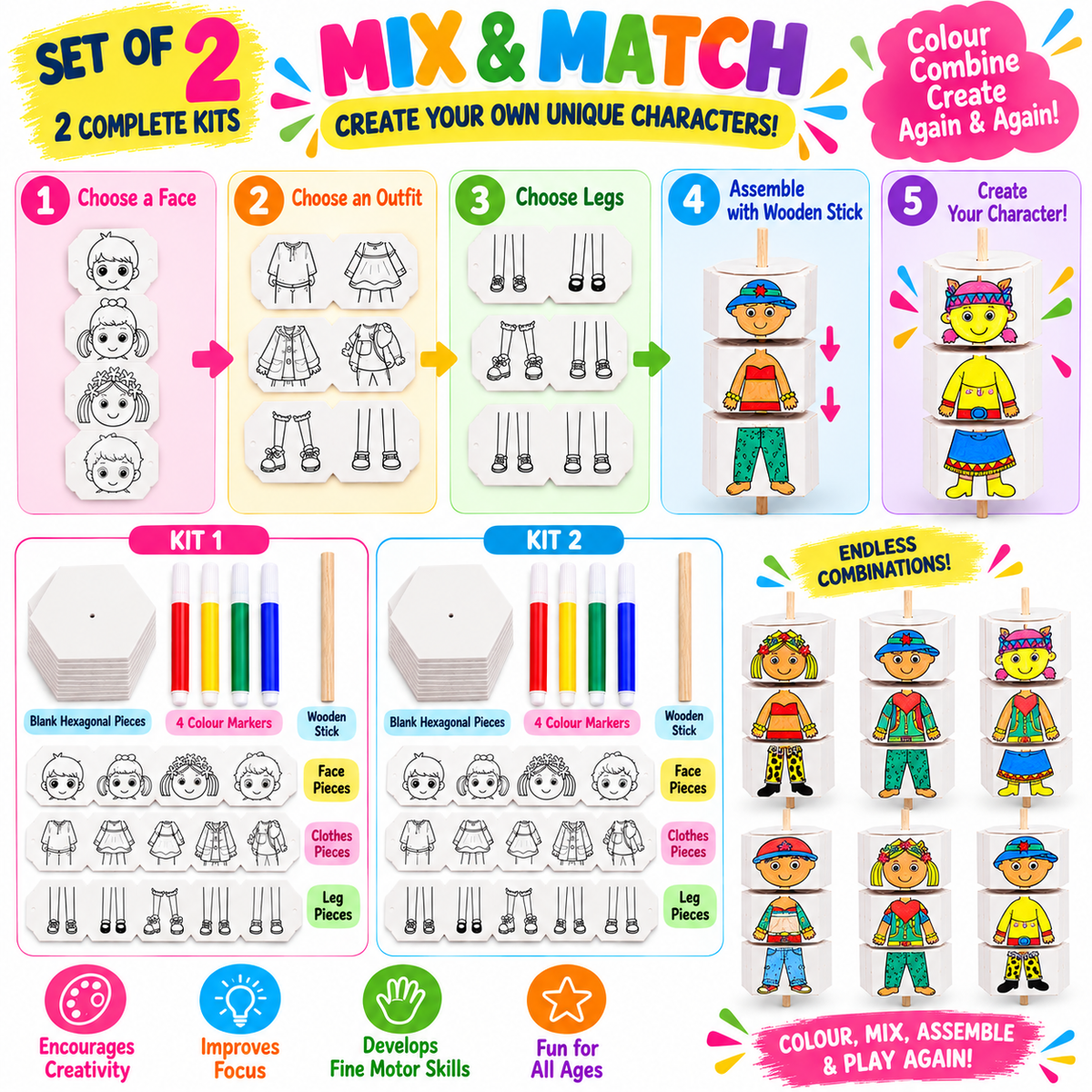 Kids Colouring Kit DIY Craft Toy Set of 2, Mix & Match Character Making Activity Set with 4 Colour Markers & Wooden Sticks, Creative Colouring & Assembly Toy for Kids