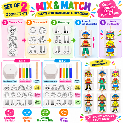 Kids Colouring Kit DIY Craft Toy Set of 2, Mix & Match Character Making Activity Set with 4 Colour Markers & Wooden Sticks, Creative Colouring & Assembly Toy for Kids