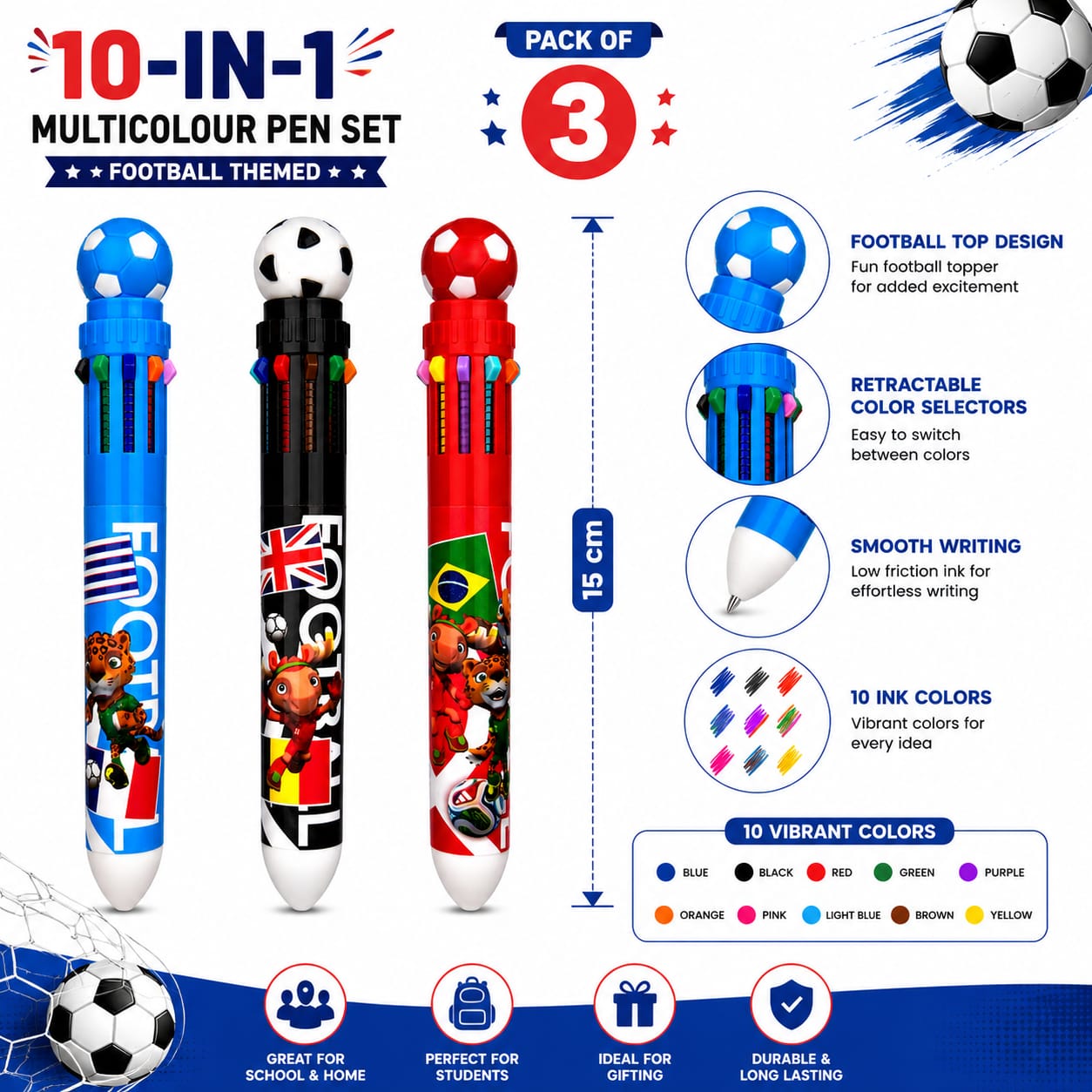 Football Theme 10-in-1 Multicolor Pen Set (Pack of 3) | Retractable 10 Color Ball Pens for Boys & Girls