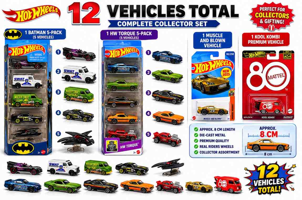 Hot Wheels 12-Piece Die-Cast Vehicle Collector Set | Batman, SWAT, Killer Croc, Catwoman, HW Torque, Muscle and Blown & Kool Kombi