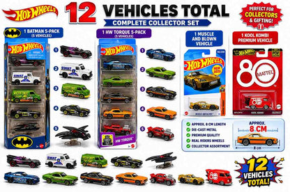Hot Wheels 12-Piece Die-Cast Vehicle Collector Set | Batman, SWAT, Killer Croc, Catwoman, HW Torque, Muscle and Blown & Kool Kombi