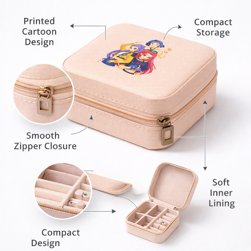 K-Pop Demon Hunters Style Jewelry Storage Box for Girls | Pink Cartoon Organizer Case | Portable Travel Jewelry Holder for Rings, Earrings & Accessories | Gift for Kids
