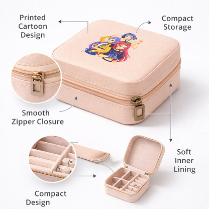 K-Pop Demon Hunters Style Jewelry Storage Box for Girls | Pink Cartoon Organizer Case | Portable Travel Jewelry Holder for Rings, Earrings & Accessories | Gift for Kids