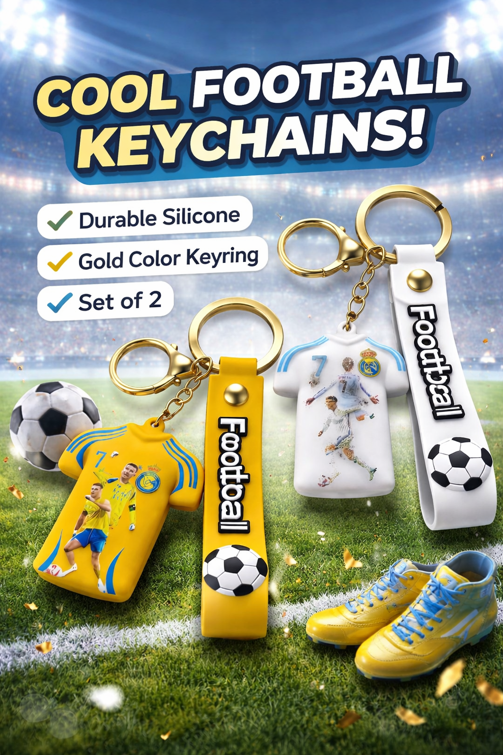 Football Jersey Keychain Combo Pack (Set of 2) | CR7 Ronaldo No.7 | Premium Silicone Key Ring with Strap | Gift for Football Fans, Boys, Men | Bag, Bike, Car Accessories (RONALDO)