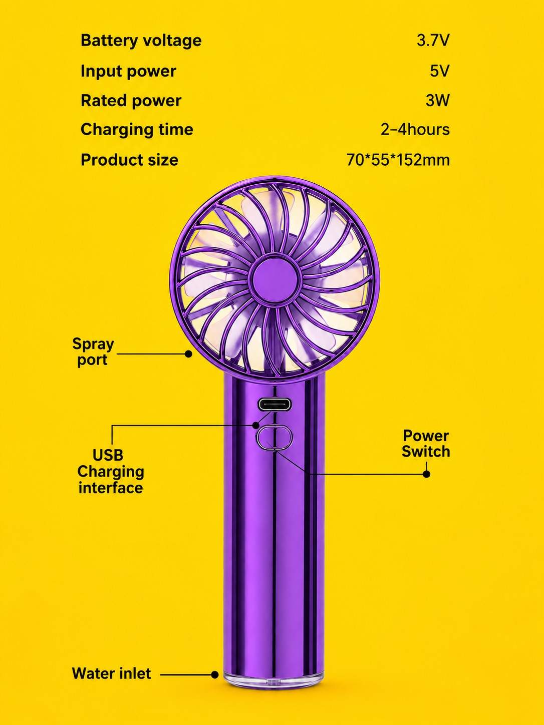 Portable Rechargeable Spray Fan with Mist – USB Mini Handheld Cooling Fan, Metallic Purple (RANDOM 1 PCS)
