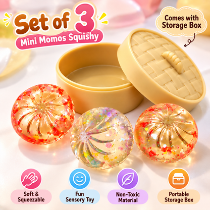 Set of 3 Mini Momos Squishy with Storage Box | Soft & Squeezable Sensory Toy for Kids