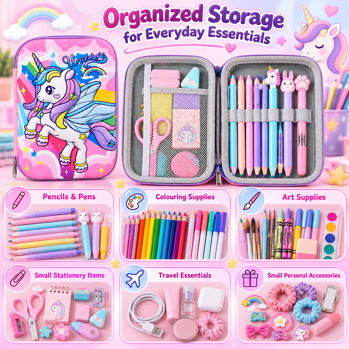 Unicorn Pencil Pouch for Girls – Pink Unicorn Pencil Case with Mesh Pocket & Pen Holders