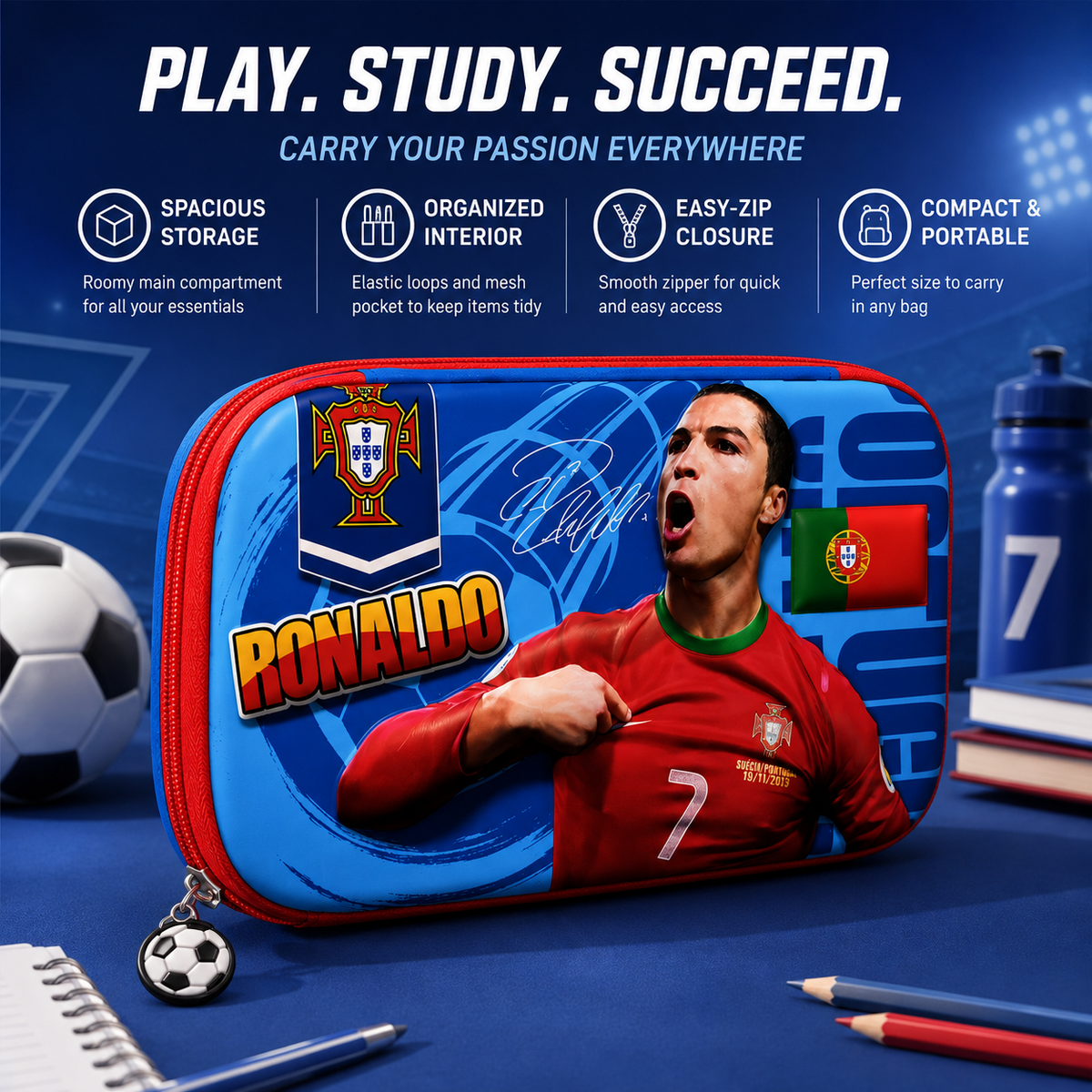 Ronaldo Pencil Case with 2 Compartments, Pencil Pouch for Kids, Pencil Box for Boys School Supply Organizer for Students, Stationery Box, Cosmetic Zip Pouch Bag | Size 22x15 cm