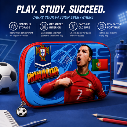 Ronaldo Pencil Case with 2 Compartments, Pencil Pouch for Kids, Pencil Box for Boys School Supply Organizer for Students, Stationery Box, Cosmetic Zip Pouch Bag | Size 22x15 cm