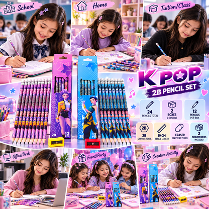 K POP 2B Pencil Set – 24 Pencils with 2 Boxes, 2 Sharpeners & Erasers