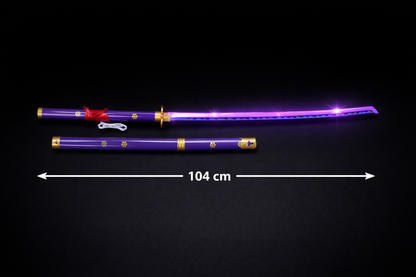 Premium LED Purple Samurai Sword with glowing plastic blade and wooden upper part. Lightweight, safe and durable toy sword with plastic cover. Perfect for cosplay, decoration and kids play. Length 104cm (ENMA VIOLET)