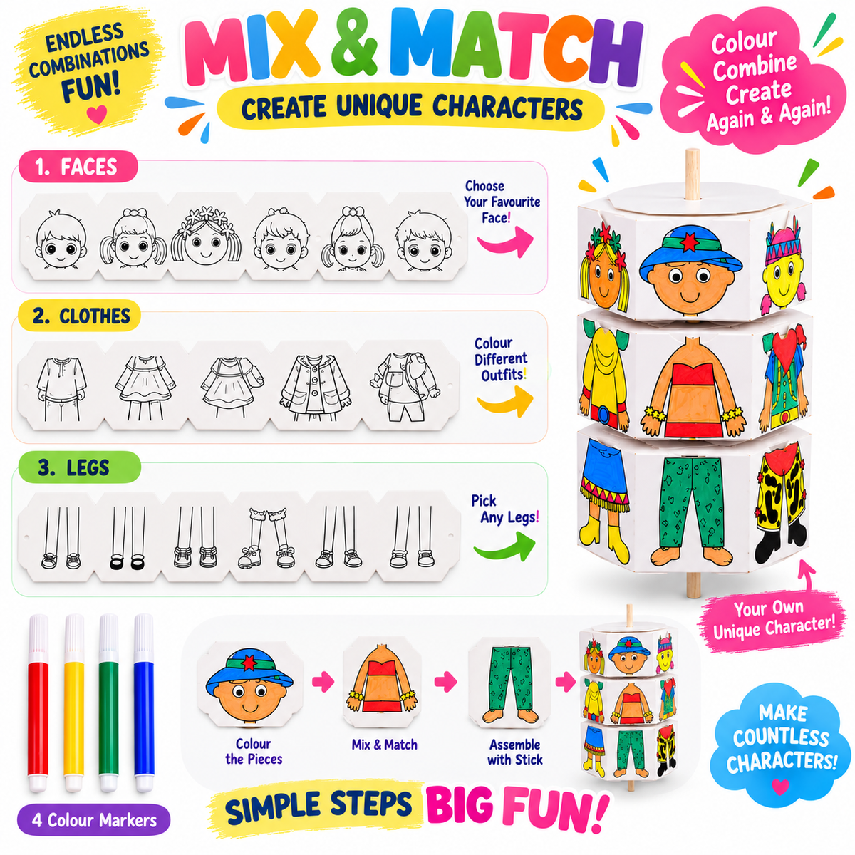 Kids Colouring Kit DIY Craft Toy Set of 10 Set | Mix & Match Character Making Activity Set with 4 Colour Markers & Wooden Stick