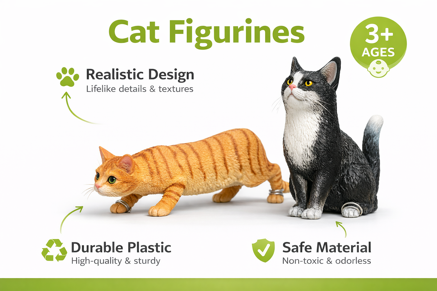 Realistic Cat Figurines Set of 2 – Orange Tabby & Black Tuxedo Cat | Mini Animal Toys for Kids & Adults | Home Decor Collectibles for All Ages