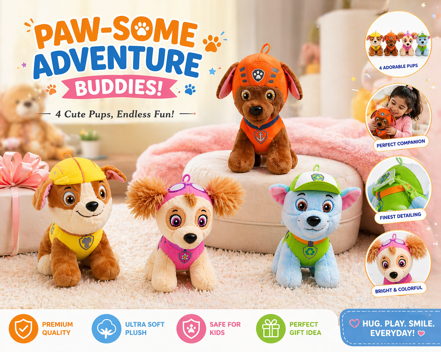 Paw Patrol Style Plush Toy Set – Cute Dog Soft Toys for Kids (4 Characters), Cuddly Stuffed Toys Gift for Babies & Children Random 1 pcs