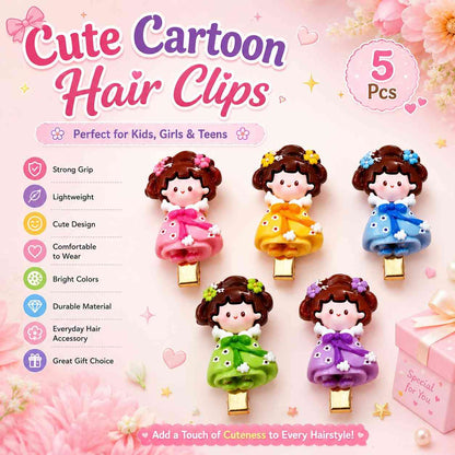 Cute Cartoon Princess Hair Clip Set of 5 | Colorful Snap Hair Clips for Girls, Kids & Toddlers