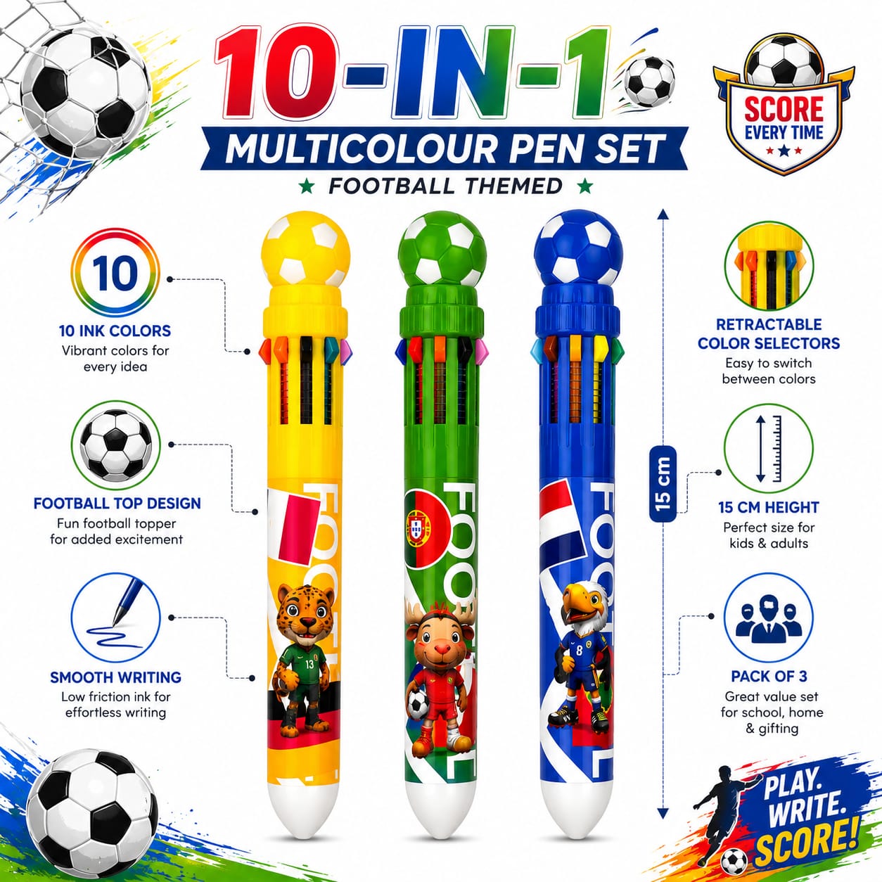 Football Theme 10-in-1 Multicolor Pen Set | 10 Color Retractable Ball Pen | Smooth Writing School Stationery | Pack of 3