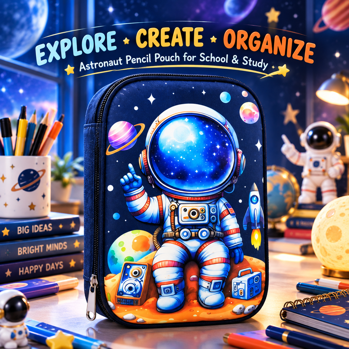 Astronaut Pencil Pouch for Kids | Space Theme Multi-Compartment Stationery Organizer