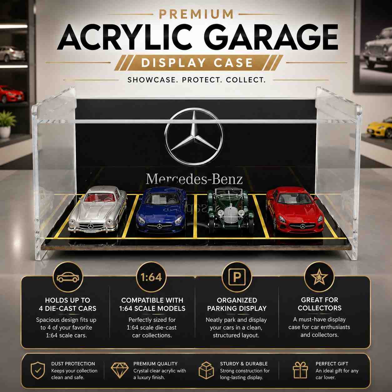 Mercedes-Benz Acrylic Garage Display Case for 1:64 Scale Die-Cast Cars | Premium Collector Showcase Display Stand | Dustproof Model Car Storage Organizer