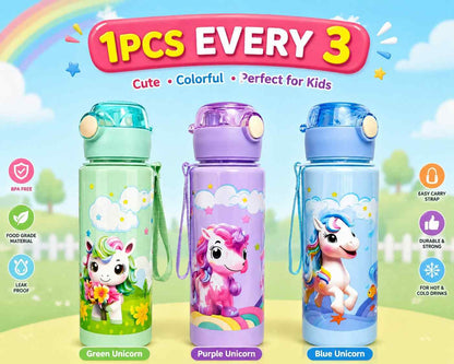 Unicorn Printed Water Bottle for Kids 1 Pc, Leakproof Flip Cap, BPA Free Plastic, Built-in Straw, Carry Strap, School Bottle for Kids Boys & Girls (500ml Approx)