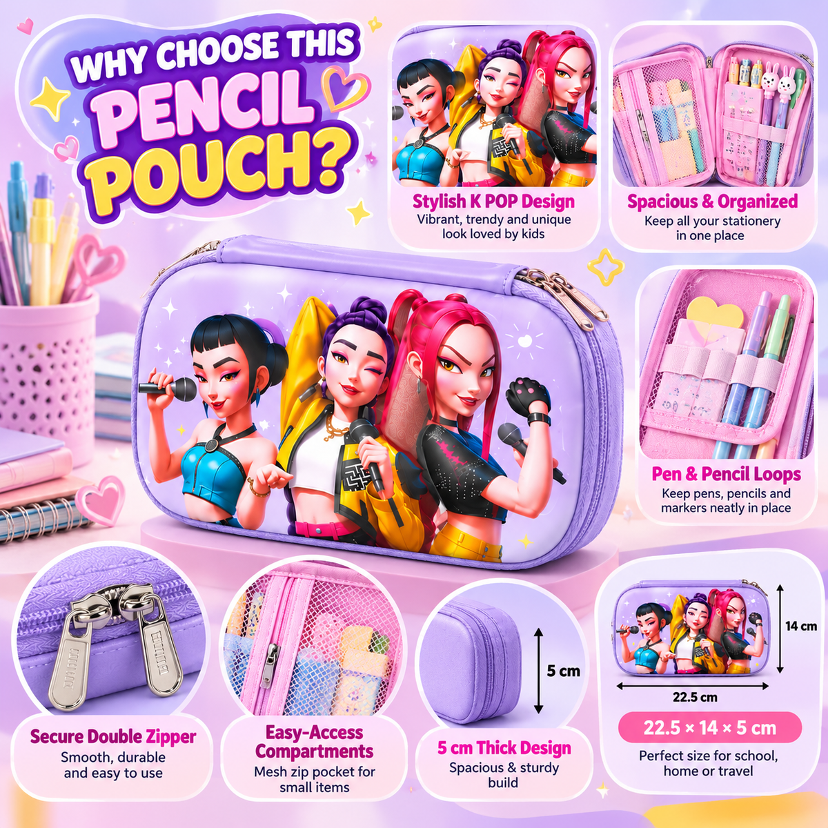 K POP Demon Hunters Pencil Pouch for Kids & Girls | Large Capacity Pencil Case with Double Zipper, Mesh Pocket & Pen Loops | 22.5 × 14 × 5 cm (Random 1 Pc)