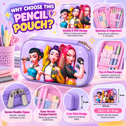 K POP Demon Hunters Pencil Pouch for Kids & Girls | Large Capacity Pencil Case with Double Zipper, Mesh Pocket & Pen Loops | 22.5 × 14 × 5 cm (Random 1 Pc)