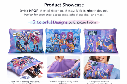 K POP  Demon Hunters Printed Folder | Stylish Multipurpose Makeup & Stationery Organizer for Girls & Kids | Zipper Travel Cosmetic Bag | 1 Random PCS (A4 Size 30 * 22 cm)