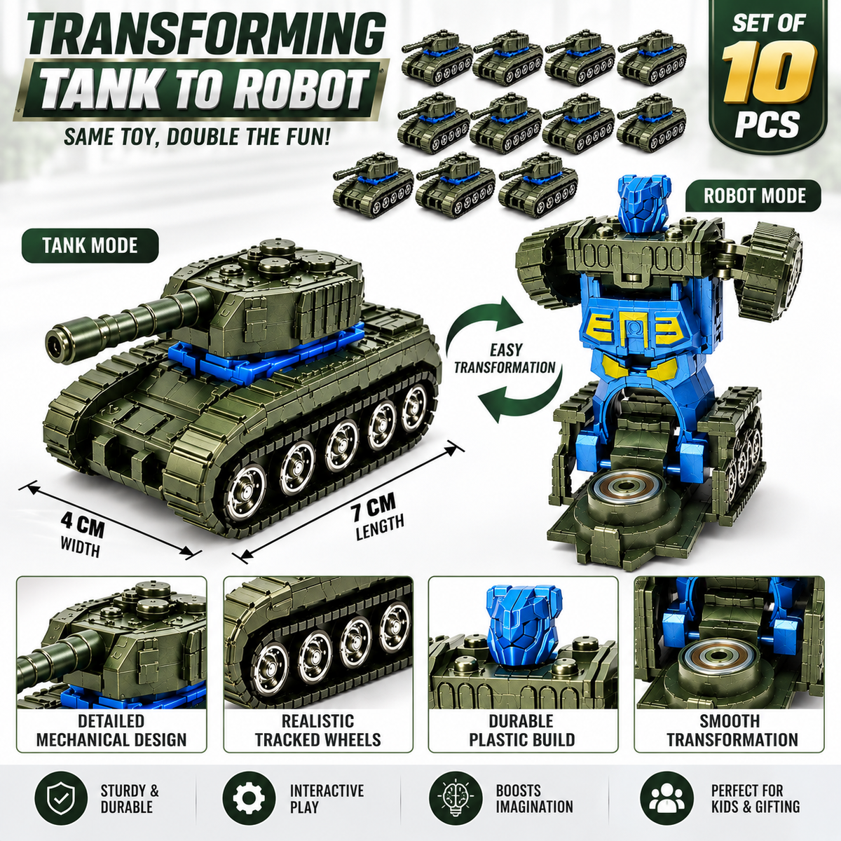 Transforming Tank Robot Toy Set of 10 for Boys & Girls | Plastic Rotating Toy | NO COD